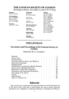 THE LINNEAN SOCIETY of LONDON Burlington House, Piccadilly, London W 1V OLQ