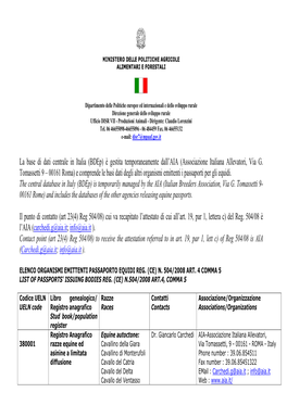 Associazione Italiana Allevatori, Via G. Tomassetti 9 – 00161 Roma) E Comprende Le Basi Dati Degli Altri Organismi Emittenti I Passaporti Per Gli Equidi