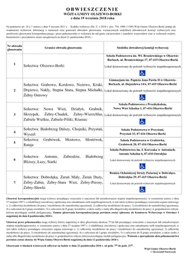 OBWIESZCZENIE WÓJTA GMINY OLSZEWO-BORKI Z Dnia 19 Września 2018 Roku