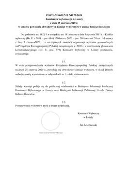 POSTANOWIENIE NR 72/2020 Komisarza Wyborczego W Łomży Z Dnia 15 Czerwca 2020 R