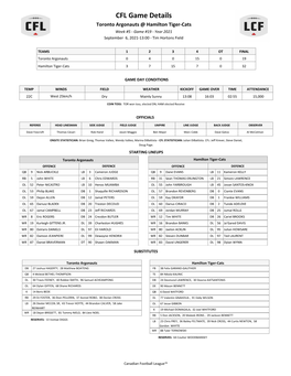 CFL Game Details Toronto Argonauts @ Hamilton Tiger-Cats Week #5 - Game #19 - Year 2021 September 6, 2021-13:00 - Tim Hortons Field