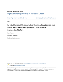 La Tribu Phanaeini (Coleoptera, Scarabaeidae, Scarabaeinae) En El Perú / the Tribe Phanaeini (Coleoptera: Scarabaeidae: Scarabaeinae) in Peru