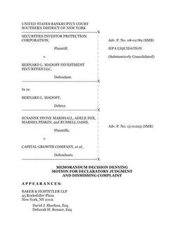 UNITED STATES BANKRUPTCY COURT SOUTHERN DISTRICT of NEW YORK ------X SECURITIES INVESTOR PROTECTION : CORPORATION, : Adv