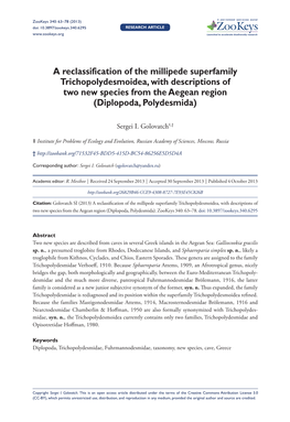 A Reclassification of the Millipede Superfamily Trichopolydesmoidea, with Descriptions of Two New Species from the Aegean Region (Diplopoda, Polydesmida)