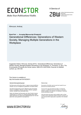 Generational Differences: Generations of Western Society, Managing Multiple Generations in the Workplace