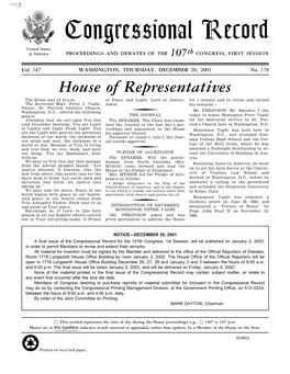 Congressional Record United States of America PROCEEDINGS and DEBATES of the 107Th CONGRESS, FIRST SESSION