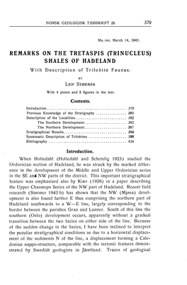 Remarks on the Tretaspis (Trinucleus) Shales of Hadeland