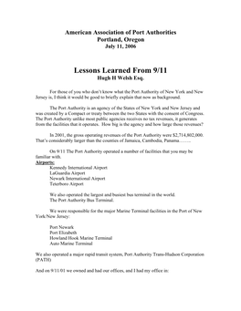 Lessons Learned from 9/11 Hugh H Welsh Esq