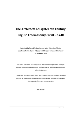 The Architects of Eighteenth Century English Freemasonry, 1720 – 1740
