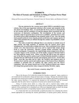 EG0800378 the Role of Tectonic and Seismicity in Siting of Nuclear Power Plant M.A.H