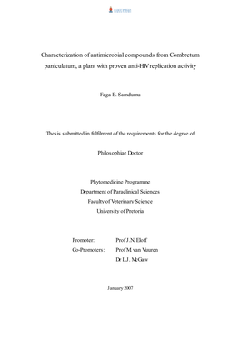 Characterization of Antimicrobial Compounds from Combretum Paniculatum, a Plant with Proven Anti-HIV Replication Activity