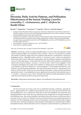 Diversity, Daily Activity Patterns, and Pollination Effectiveness of the Insects Visiting Camellia Osmantha, C