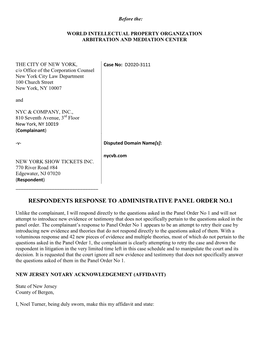 Respondents Response to Administrative Panel Order No.1