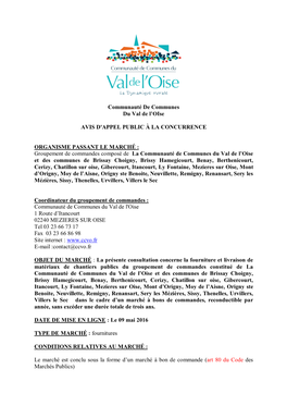 Communauté De Communes Du Val De L'oise AVIS D'appel