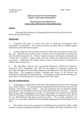 The Proposed Action Plan for the Conservation of Freshwater Fish in Hong Kong