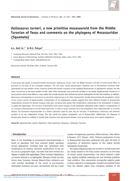 Dallasaurus Turneri, a New Primitive Mosasauroid from the Middle Turonian of Texas and Comments on the Phytogeny of Mosasauridae (Squamata)