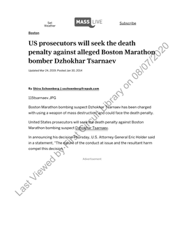 US Prosecutors Will Seek the Death Penalty Against Alleged Boston Marathon Bomber Dzhokhar Tsarnaev