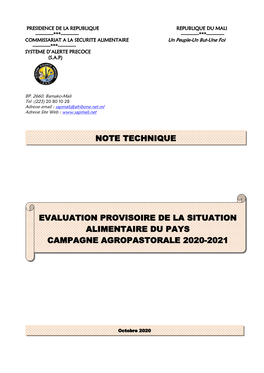 Evaluation Provisoire De La Situation Alimentaire Du Pays Campagne Agropastorale 2020-2021