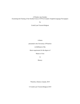 A Window Into October: Examining the Framing of the October Crisis of 1970 in Canada’S English-Language Newspapers