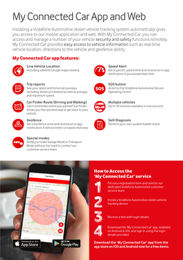 My Connected Car App and Web Installing a Vodafone Automotive Stolen Vehicle Tracking System Automatically Gives You Access to Our Mobile Application and Web