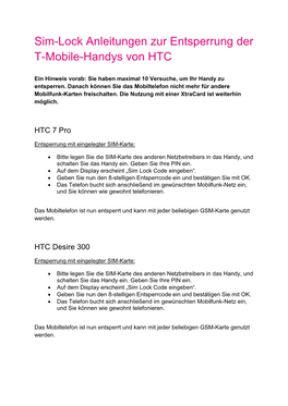 Sim-Lock Anleitungen Zur Entsperrung Der T-Mobile-Handys Von HTC