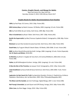 Comics, Graphic Novels, and Manga for Adults New York Comic Con, New York City Saturday, October 9, 2010, 3:00-4:00 Pm, Room 1A17