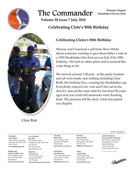 The Commander Studebaker Drivers Club Volume 50 Issue 7 July 2018 Celebrating Clete’S 90Th Birthday
