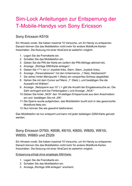 Sim-Lock Anleitungen Zur Entsperrung Der T-Mobile-Handys Von Sony Ericsson