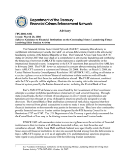 Guidance to Financial Institutions on the Continuing Money Laundering Threat Involving Illicit Iranian Activity