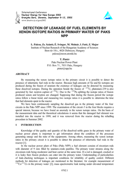 Detection of Leakage of Fuel Elements by Xenon Isotope Ratios in Primary Water of Paks Npp