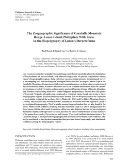 The Zoogeographic Significance of Caraballo Mountain Range, Luzon Island, Philippines with Focus on the Biogeography of Luzon’S Herpetofauna