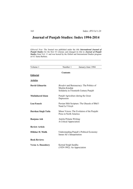 Journal of Punjab Studies: Index 1994-2014
