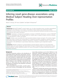 Inferring Novel Gene-Disease Associations Using Medical Subject Heading Over-Representation Profiles Warren a Cheung1, BF Francis Ouellette2 and Wyeth W Wasserman3*