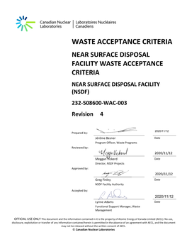 NEAR SURFACE DISPOSAL FACILITY WASTE ACCEPTANCE CRITERIA NEAR SURFACE DISPOSAL FACILITY (NSDF) 232-508600-WAC-003 Revision 4