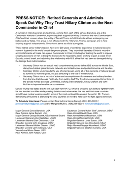 PRESS NOTICE: Retired Generals and Admirals Speak out Why They Trust Hillary Clinton As the Next Commander in Chief
