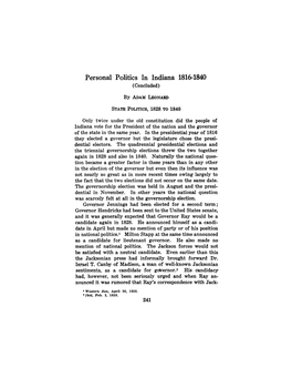 Personal Politics in Indiana 1816-1840 (Concluded) by ADAM LEONARD