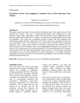 Ecosystem Services and Mapping of Amenity Trees in Port Harcourt Zoo, Nigeria