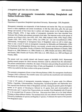 Checklist of Monogenetic Trematodes Infesting Bangladesh and Indian Freshwater Fishes