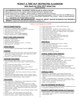 SAFE SNACK LIST (Peanut and Tree Nut Restricted Classroom)
