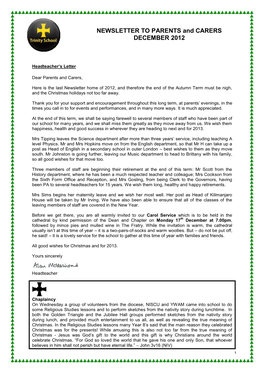 NEWSLETTER to PARENTS and CARERS DECEMBER 2012