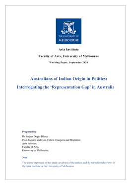 Australians of Indian Origin in Politics: Interrogating the ‘Representation Gap’ in Australia