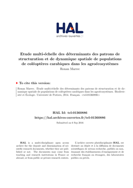 Etude Multi-Échelle Des Déterminants Des Patrons De Structuration Et De Dynamique Spatiale De Populations De Coléoptères Carabiques Dans Les Agroécosystèmes