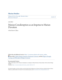 Marian Coredemption As an Impetus to Marian Devotion Arthur Burton Calkins