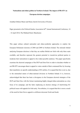 Nationalism and Ethnic Politics in Northern Ireland: the Impact of PR-STV On