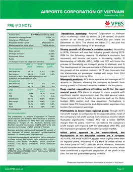 AIRPORTS CORPORATION of VIETNAM November 30, 2015