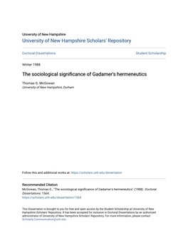 The Sociological Significance of Gadamer's Hermeneutics