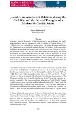 Jewish-Ukrainian-Soviet Relations During the Civil War and the Second Thoughts of a Minister for Jewish Affairs