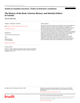 The History of the Book, Literary History, and Identity Politics in Canada Travis Decook