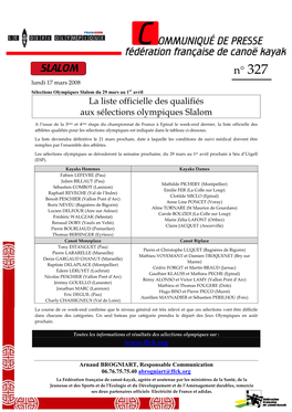 N° 327 Lundi 17 Mars 2008 Sélections Olympiques Slalom Du 29 Mars Au 1 Er Avril La Liste Officielle Des Qualifiés Aux Sélections Olympiques Slalom
