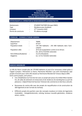 Le Havre (76) Résidence Les Docks 84 Avenue Aviateur Guerin Fiche De Référencement LMP / LMNP